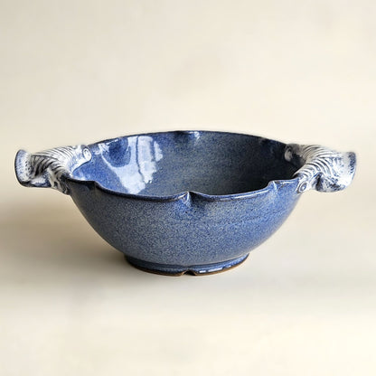 Large Variegated Blue Serving Bowl with Speckled Handles