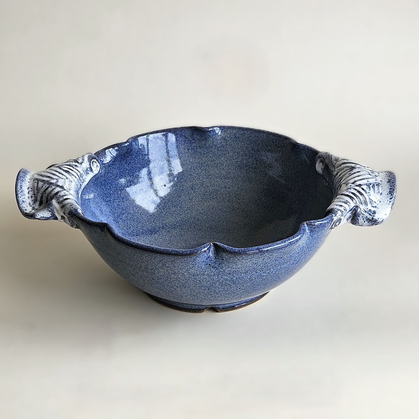 Large Variegated Blue Serving Bowl with Speckled Handles
