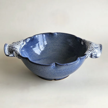 Large Variegated Blue Serving Bowl with Speckled Handles