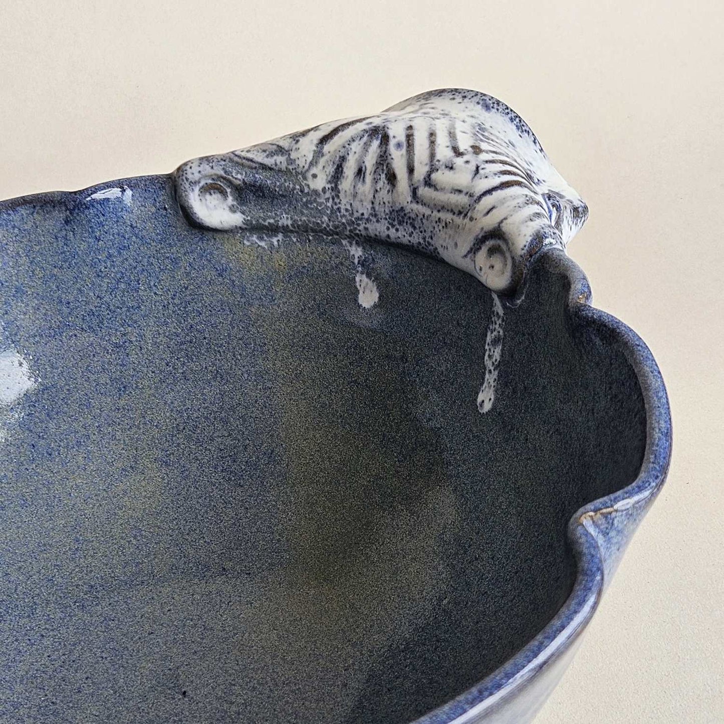 Large Variegated Blue Serving Bowl with Speckled Handles