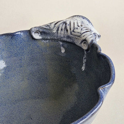 Large Variegated Blue Serving Bowl with Speckled Handles