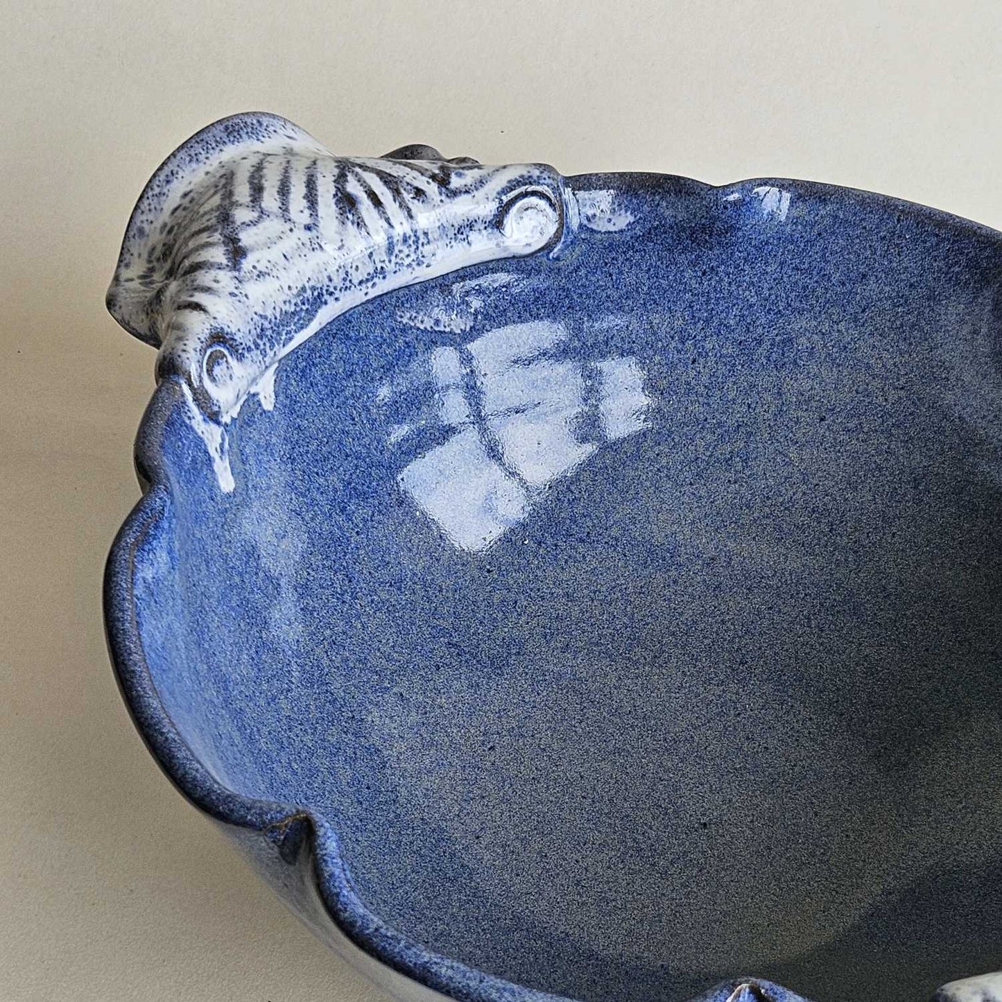 Large Variegated Blue Serving Bowl with Speckled Handles