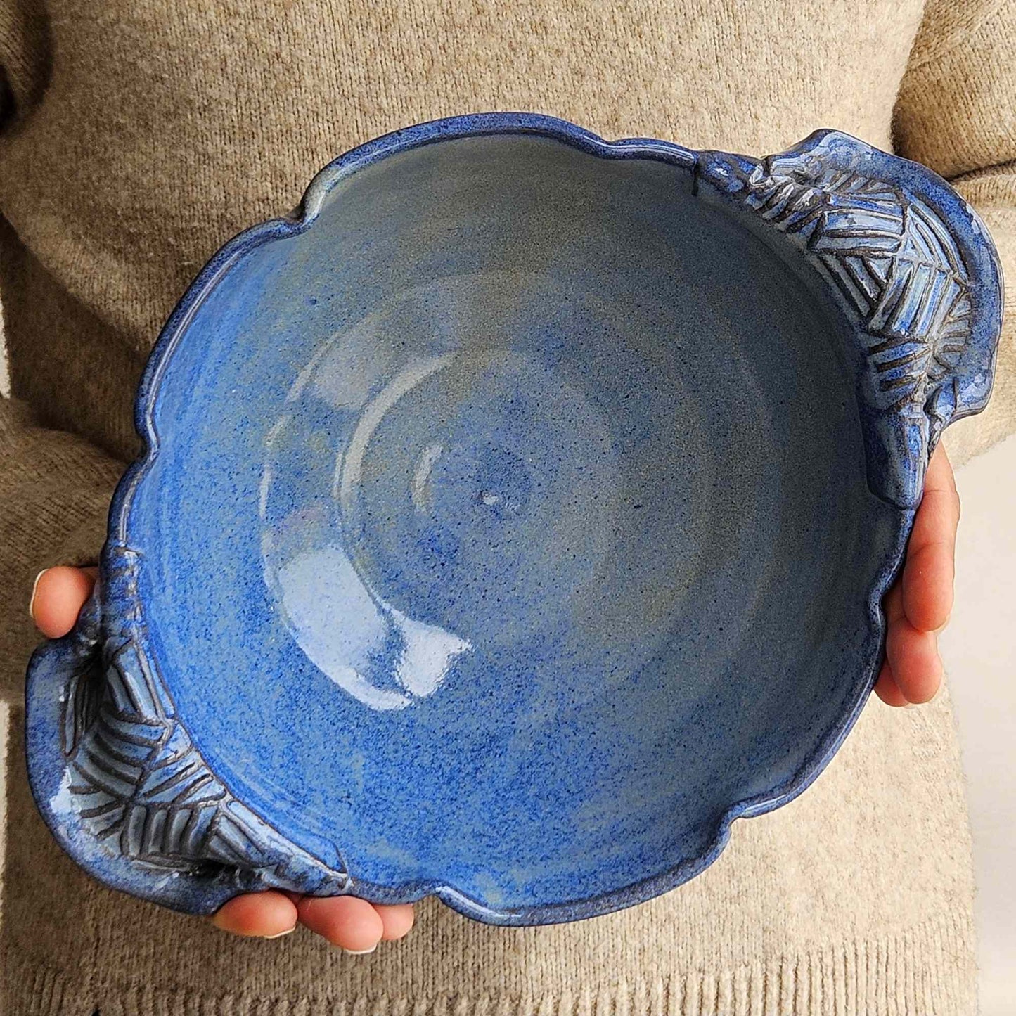 Large Variegated Blue Serving Bowl with Handles