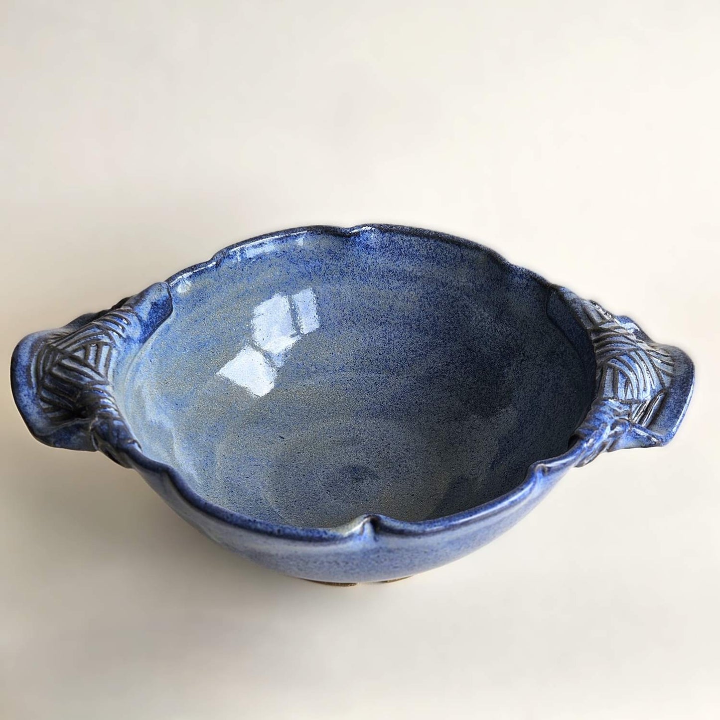Large Variegated Blue Serving Bowl with Handles