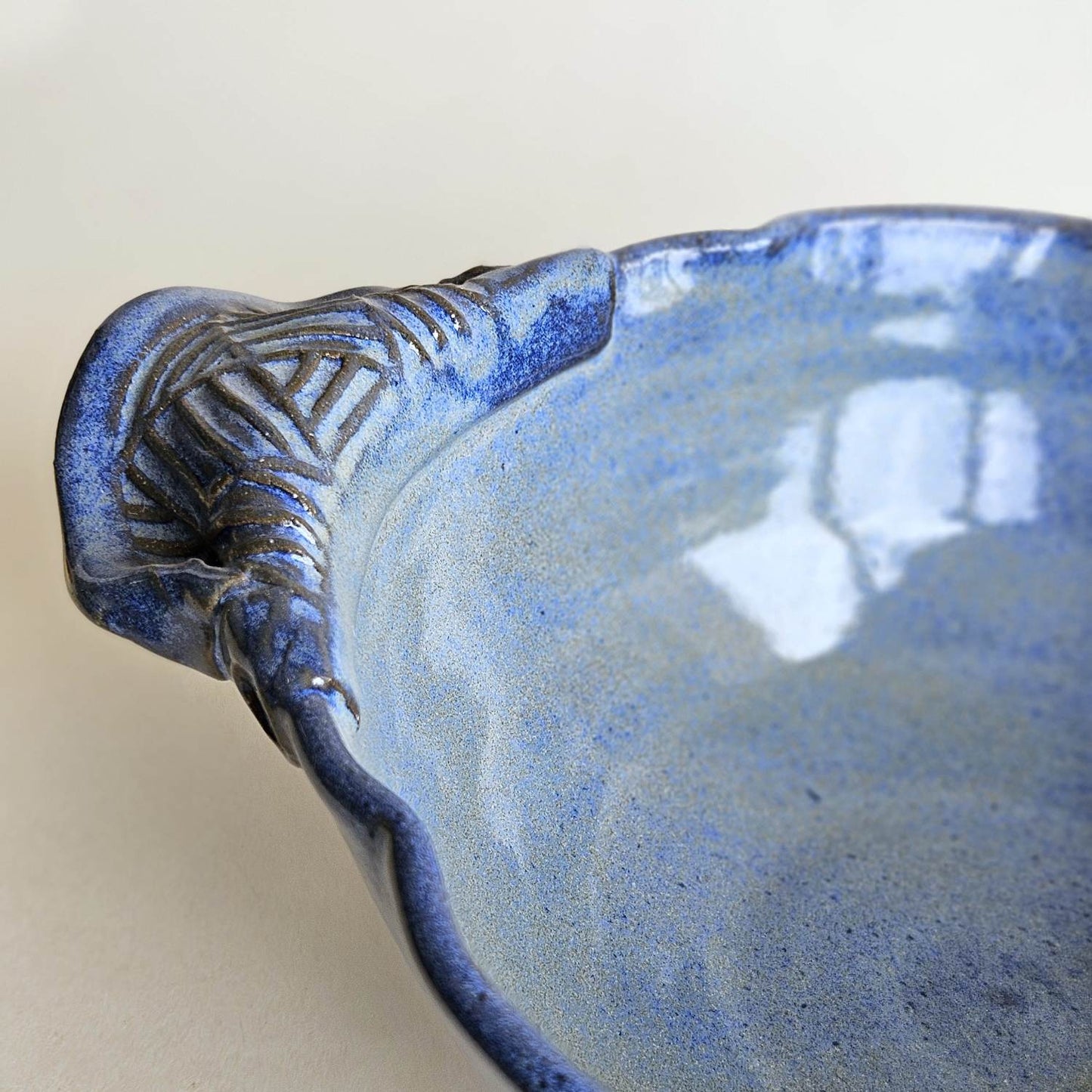 Large Variegated Blue Serving Bowl with Handles