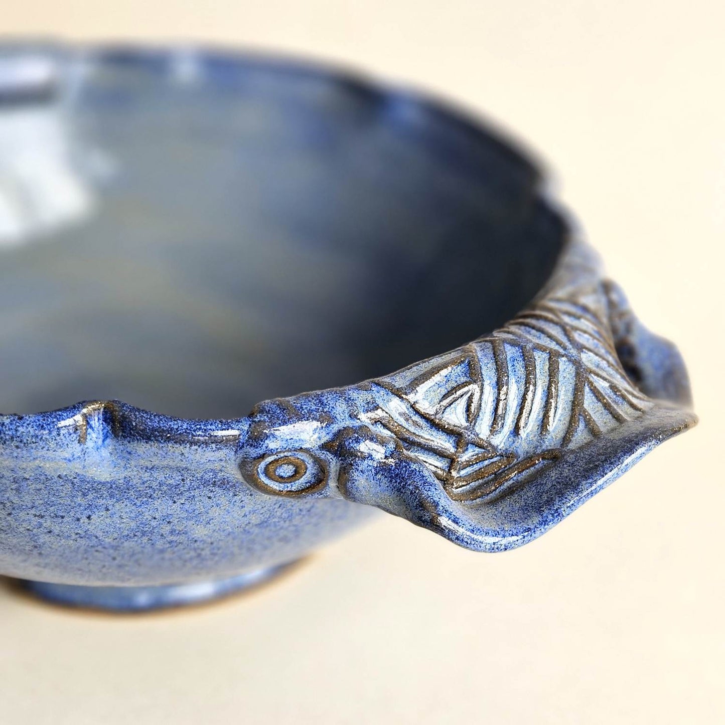 Large Variegated Blue Serving Bowl with Handles