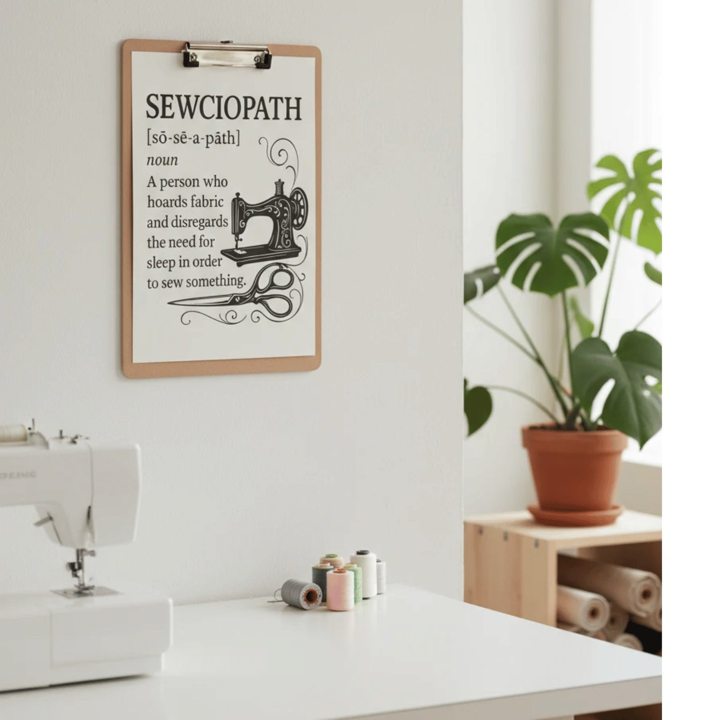 Sewing-themed printable wall art crafted into wall art print on a clipboard. Prints include quotes like “It’s Not Hoarding If It’s Fabric,” “May Your Bobbin Always Be Full,” “Measure Twice Cut Once,” and “Sewing Is My Love Language,” styled in warm tones with vintage illustrations.