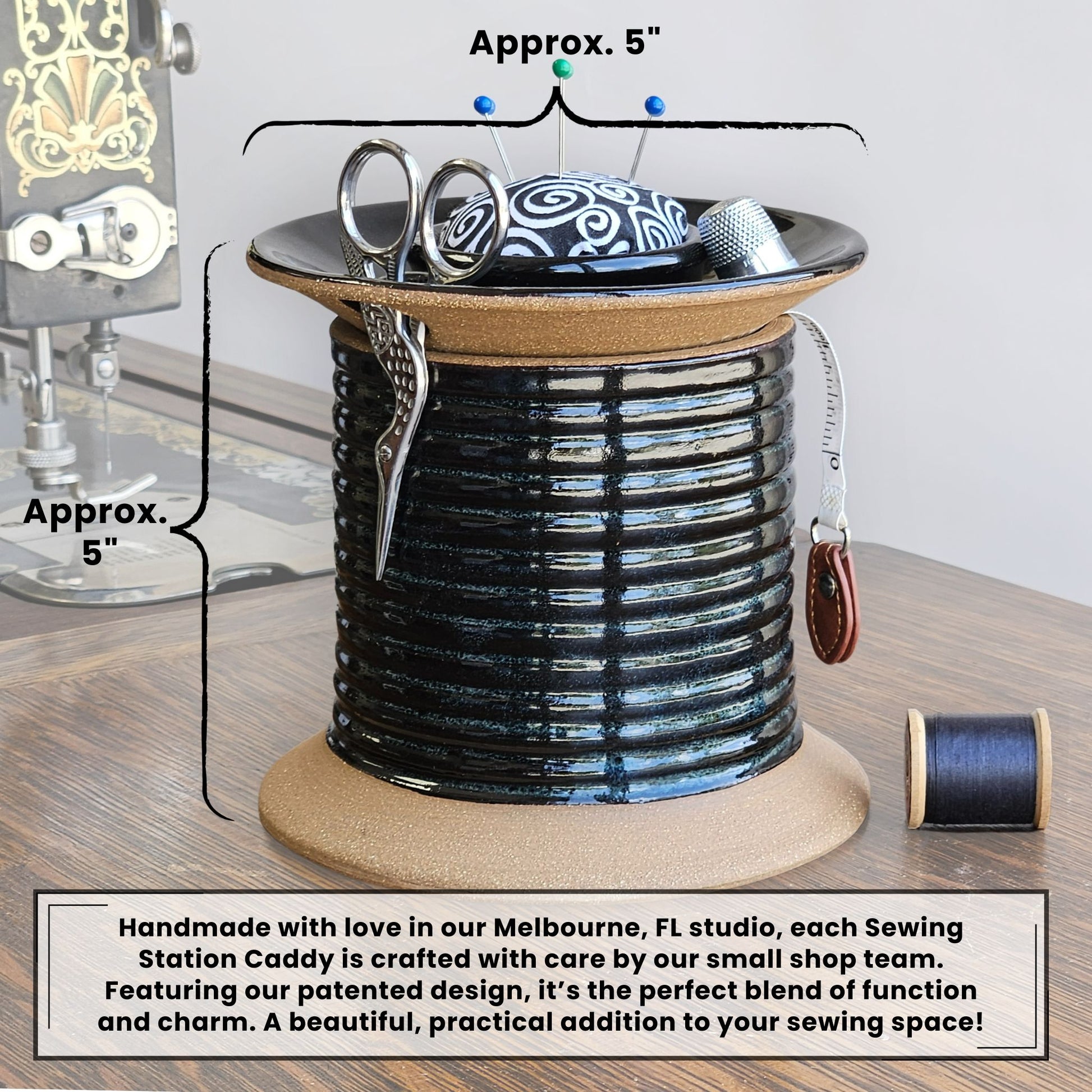 A sewing station caddy on an antique sewing machine table with text overlay showing the dimensions and information about how it is handmade in Florida.