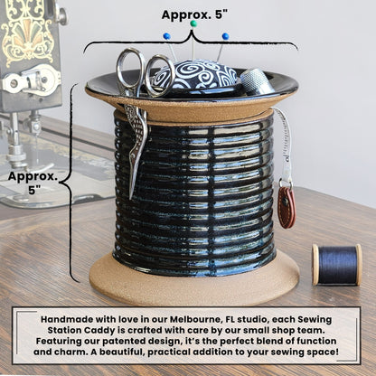 A sewing station caddy on an antique sewing machine table with text overlay showing the dimensions and information about how it is handmade in Florida.