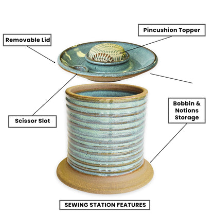 An Infographic showing features of the sewing station caddy with removable lid, pincushion topper, scissor slot, and bobbin & notions storage.