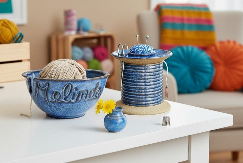 Blue yarn bowl with personalized name 'Melinda' next to Sewing Station Caddy holding sewing notions like scissors, pins and tape measure on a table with colorful yarn, mini vase with flower and sewing and knitting supplies.