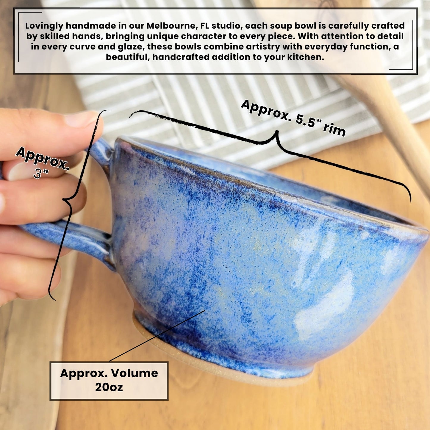 Soup and Chowder bowl with blue glaze. Dimensions are approx. 5.5 rim by 3" tall and holds approx. volume of 20 ounces. Handmade Pottery bowls. Food, microwave, and dishwasher safe!