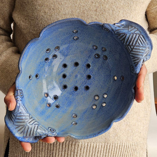 Blue Fruit Colander Bowl – Housewarming or 9th Anniversary Gift
