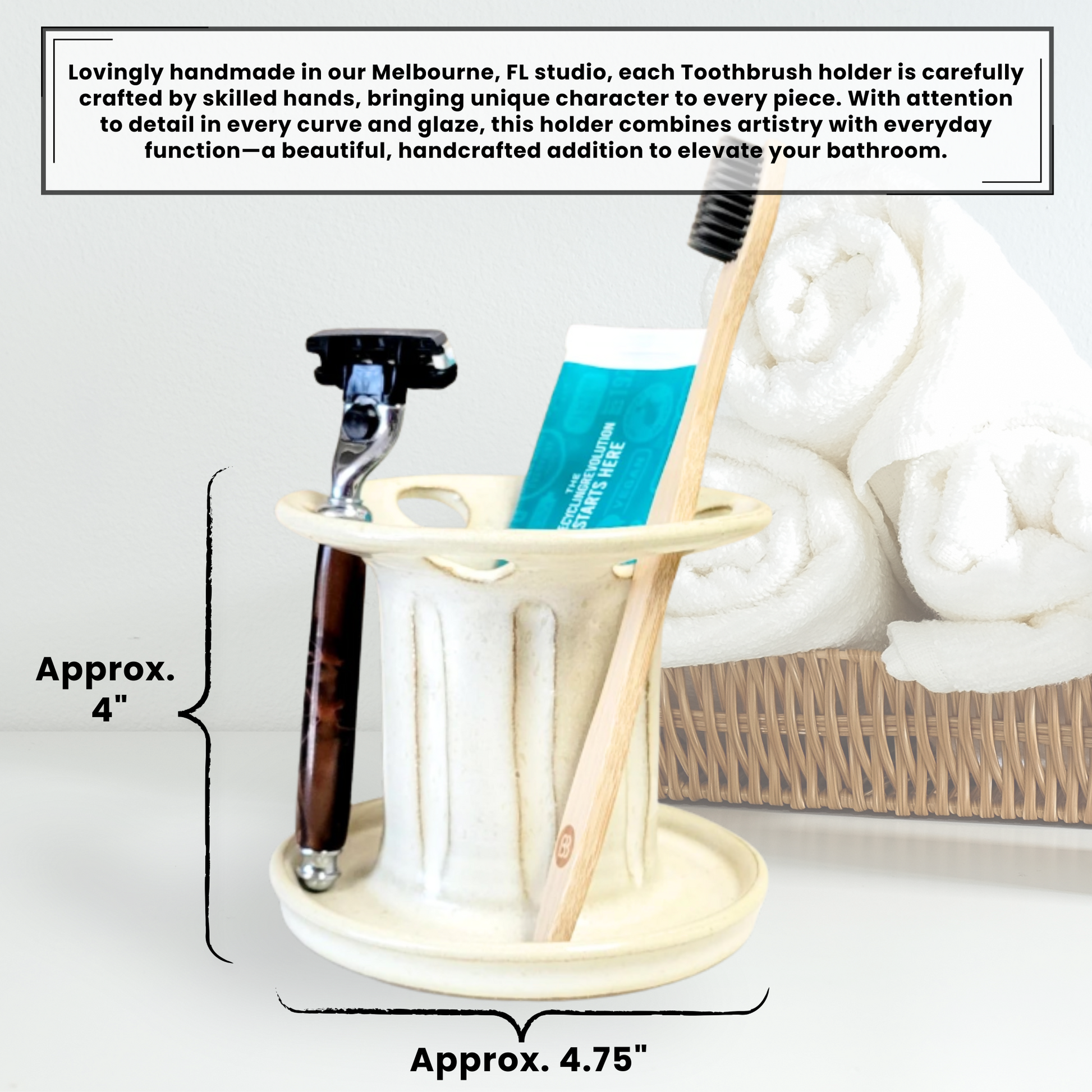 Dimensions for a white ceramic toothbrush holder that doubles as a razor stand and toothpaste organizer. Approx. 4 inches by 4.75 inches. Space-saving bathroom storage solution.