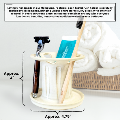 Dimensions for a white ceramic toothbrush holder that doubles as a razor stand and toothpaste organizer. Approx. 4 inches by 4.75 inches. Space-saving bathroom storage solution.