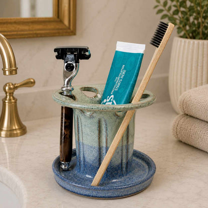Spa-inspired bathroom vanity with toothbrush, toothpaste and shaving razor organizer for a clutter-free sink