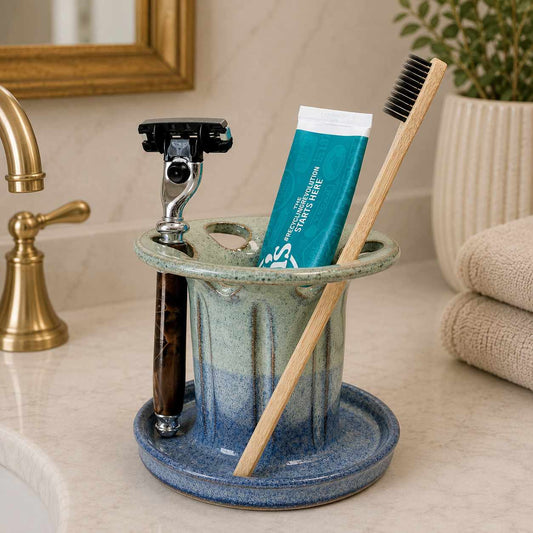 Spa-inspired bathroom vanity with toothbrush, toothpaste and shaving razor organizer for a clutter-free sink