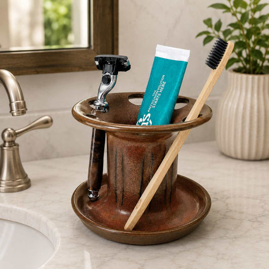 Warm neutral bathroom sink organizer for toothbrushes, toothpaste and shaving razor storage
