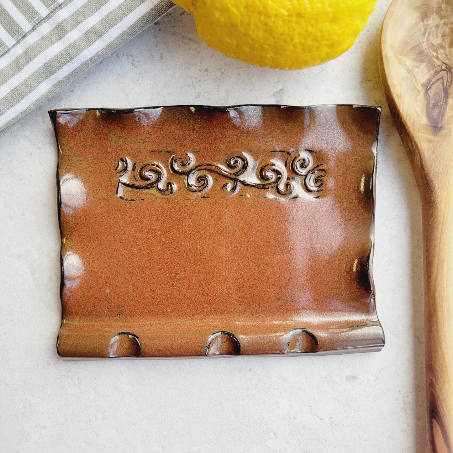 Triple Spoon Rest for Countertop with 3 Slots in Rust Brown