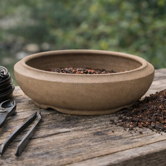 Handmade Round Bonsai Pot - Unglazed Stoneware