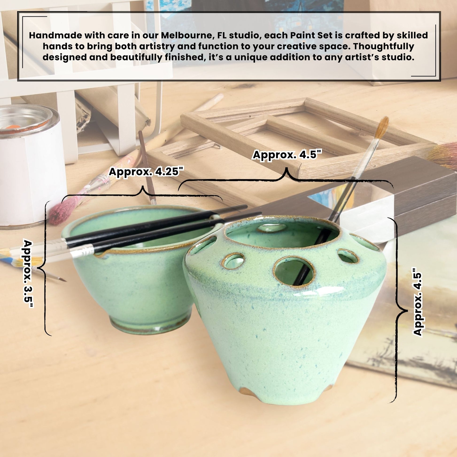 Painters brush rinse bowl with two brush rests and a ceramic tool caddy organizer for art supplies and hand tools. Made by hand in the USA.