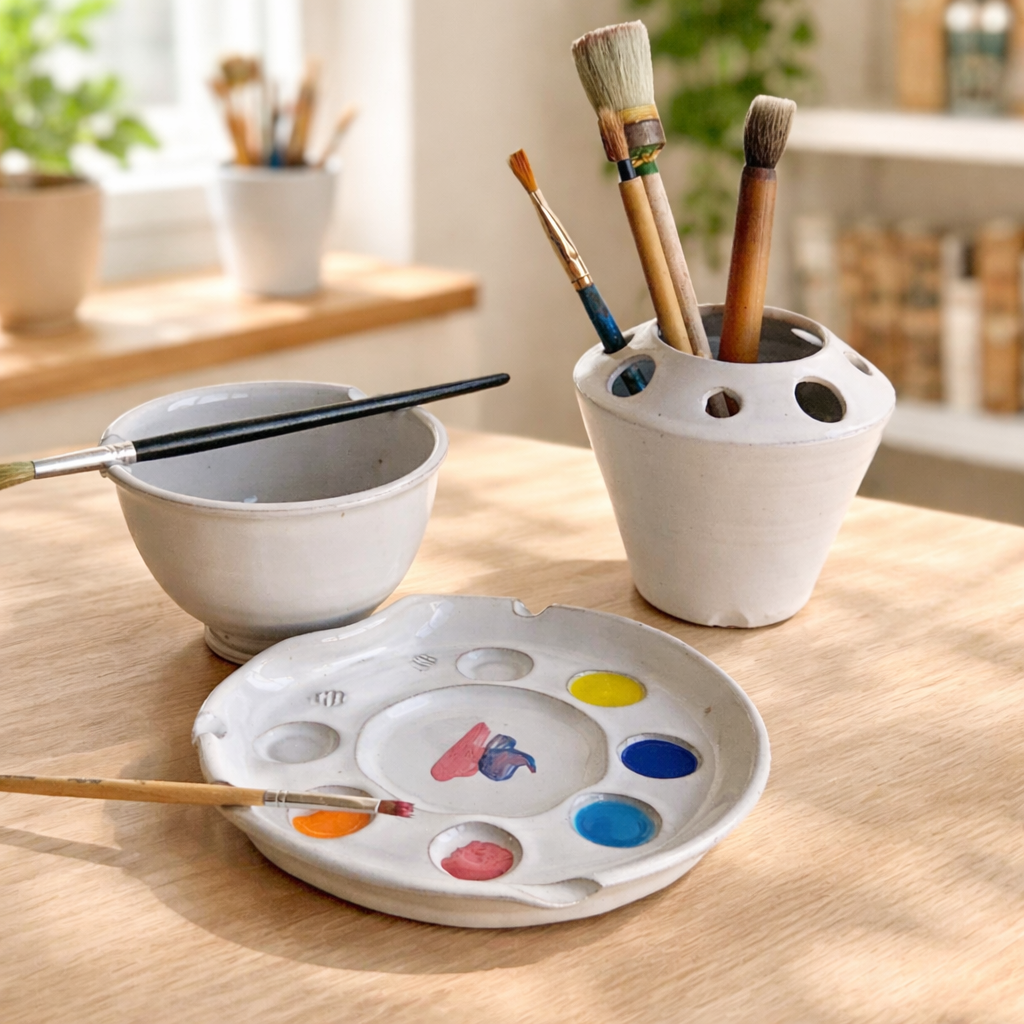 Ceramic nesting artist paint palette set with brush holder and rinse bowl displayed in a bright home art studio.