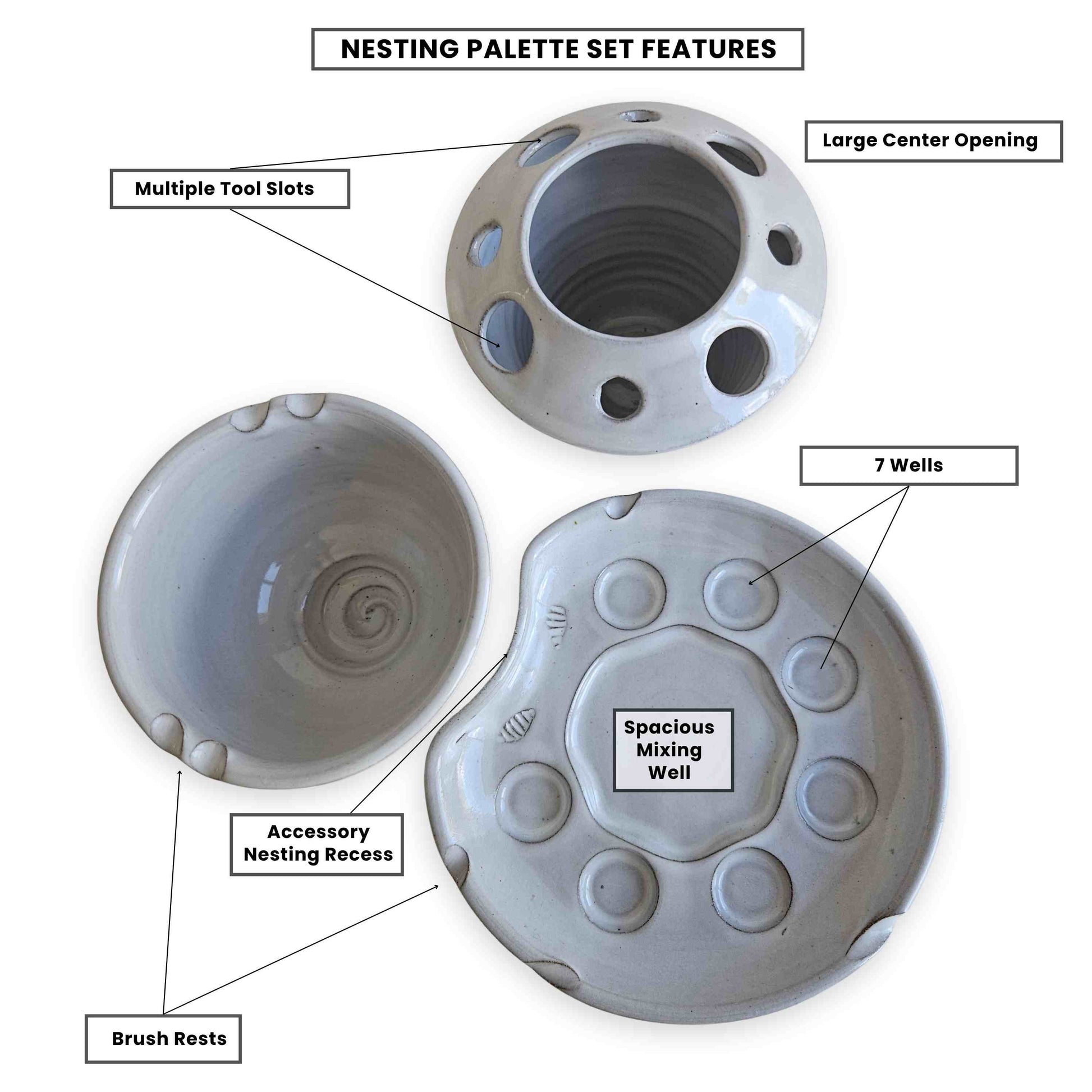Ceramic paint palette set showing features including paint wells, mixing area, brush rests, and accessory nesting design.