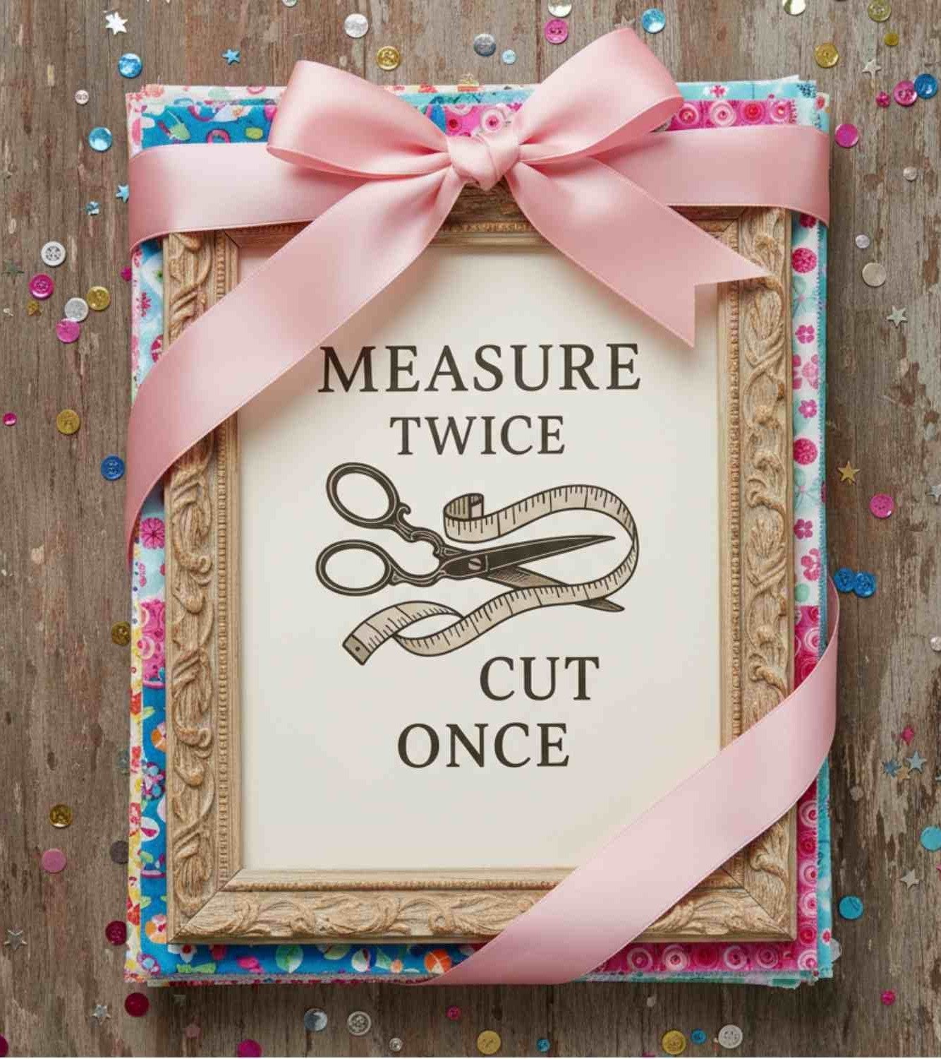 Sewing-themed printable wall art crafted into a framed artwork for a birthday present. Prints include quotes like “It’s Not Hoarding If It’s Fabric,” “May Your Bobbin Always Be Full,” “Measure Twice Cut Once,” and “Sewing Is My Love Language,” styled in warm tones with vintage illustrations.