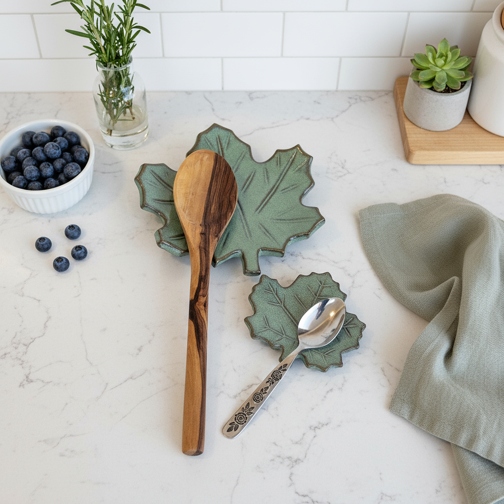 Green maple leaf spoon rest set on marble counter beside blueberries and herbs