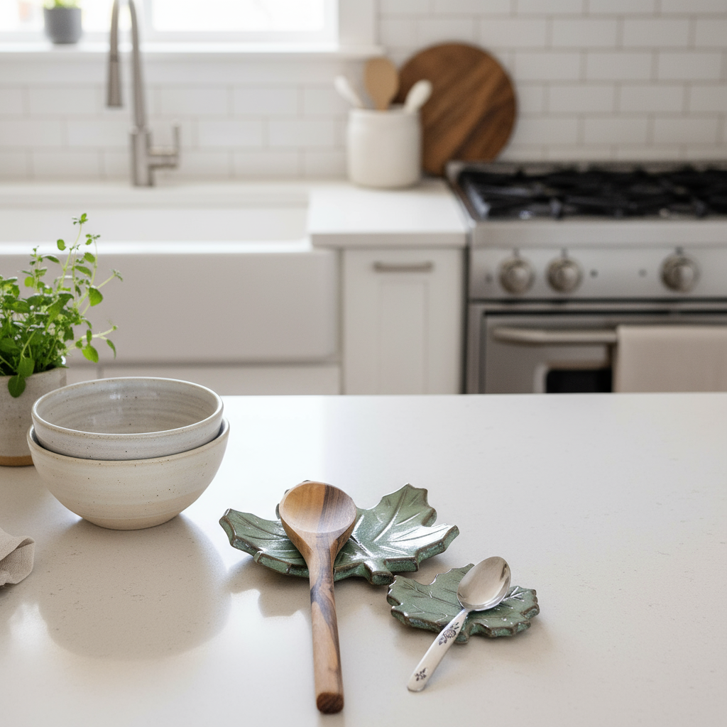 Green maple leaf ceramic spoon rest set on white kitchen counter beside ceramic bowls