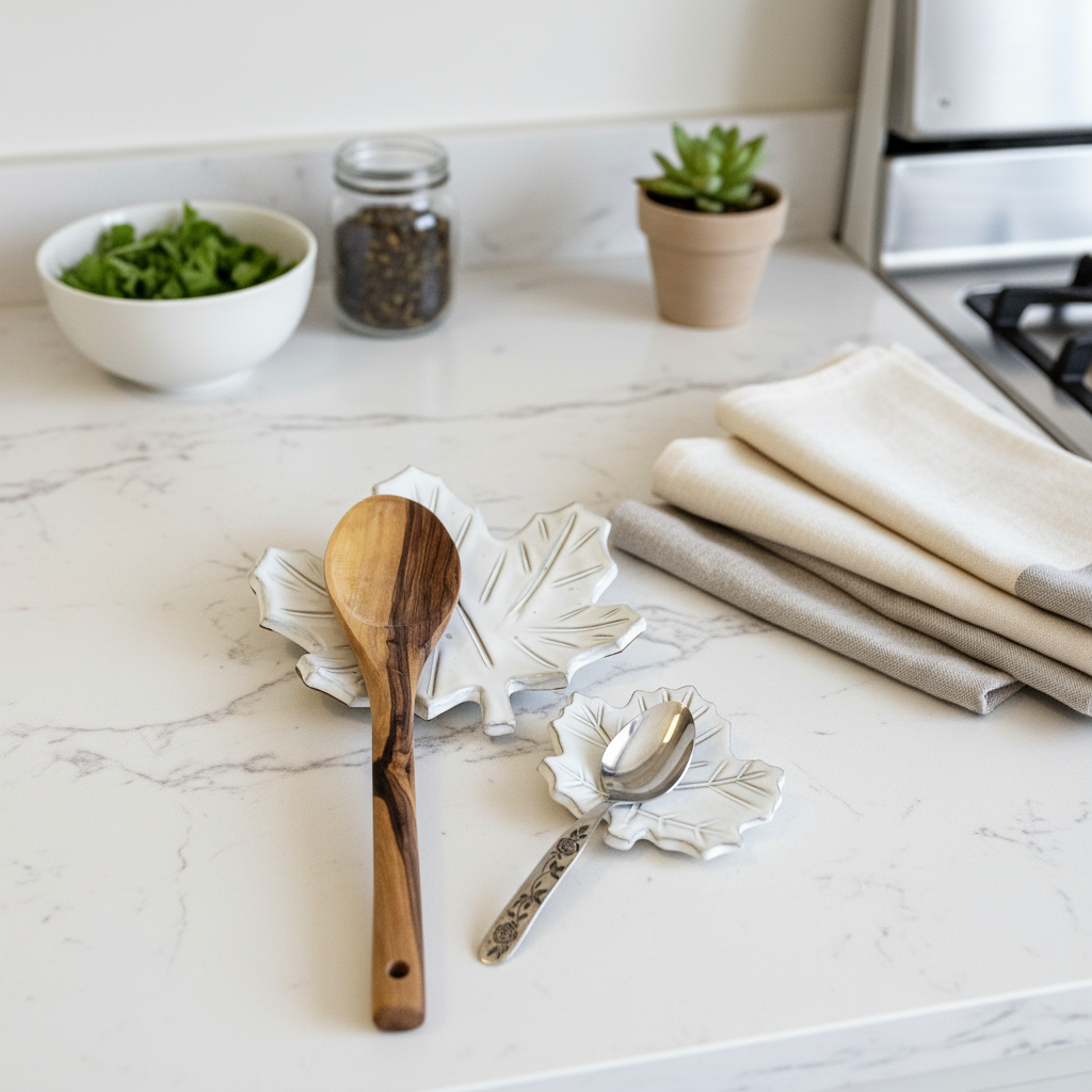 Mini and large maple leaf spoon rests in white glaze on marble kitchen counter with utensils
