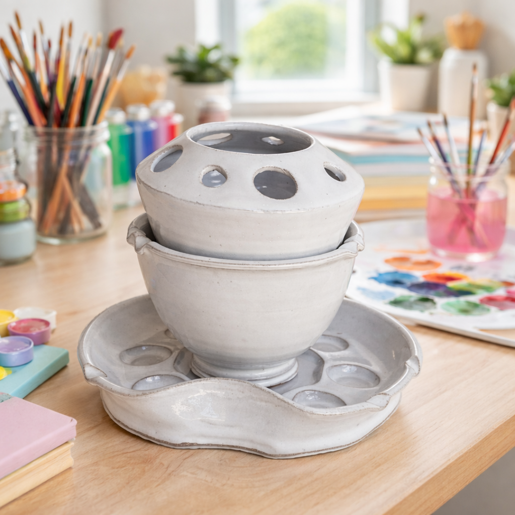 Handmade ceramic paint palette system with brush caddy and rinse bowl stacked together for compact storage.