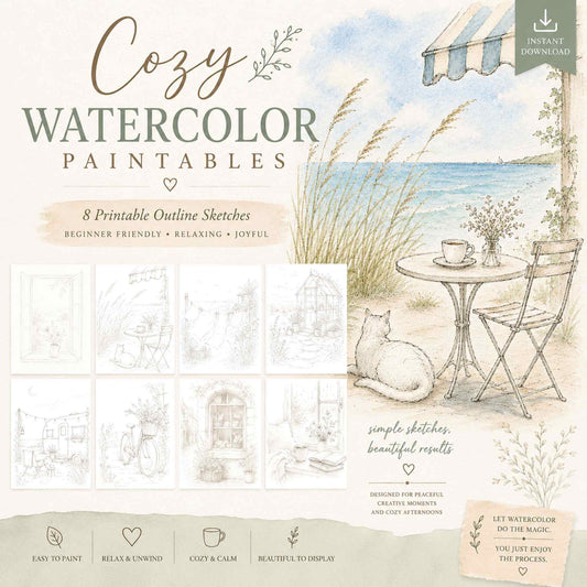 Printable watercolor sketch bundle PDF with 8 beginner-friendly outline sketches to print and paint at home