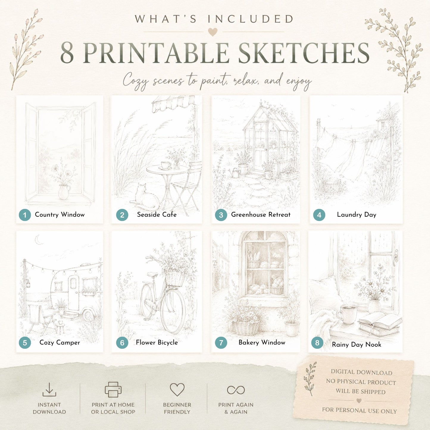 8 printable watercolor sketch scenes including seaside cafe, greenhouse, bakery window, camper, and rainy nook