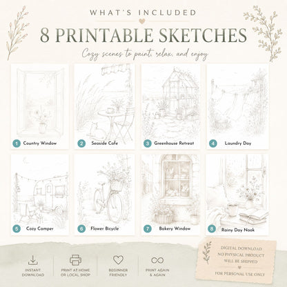 8 printable watercolor sketch scenes including seaside cafe, greenhouse, bakery window, camper, and rainy nook