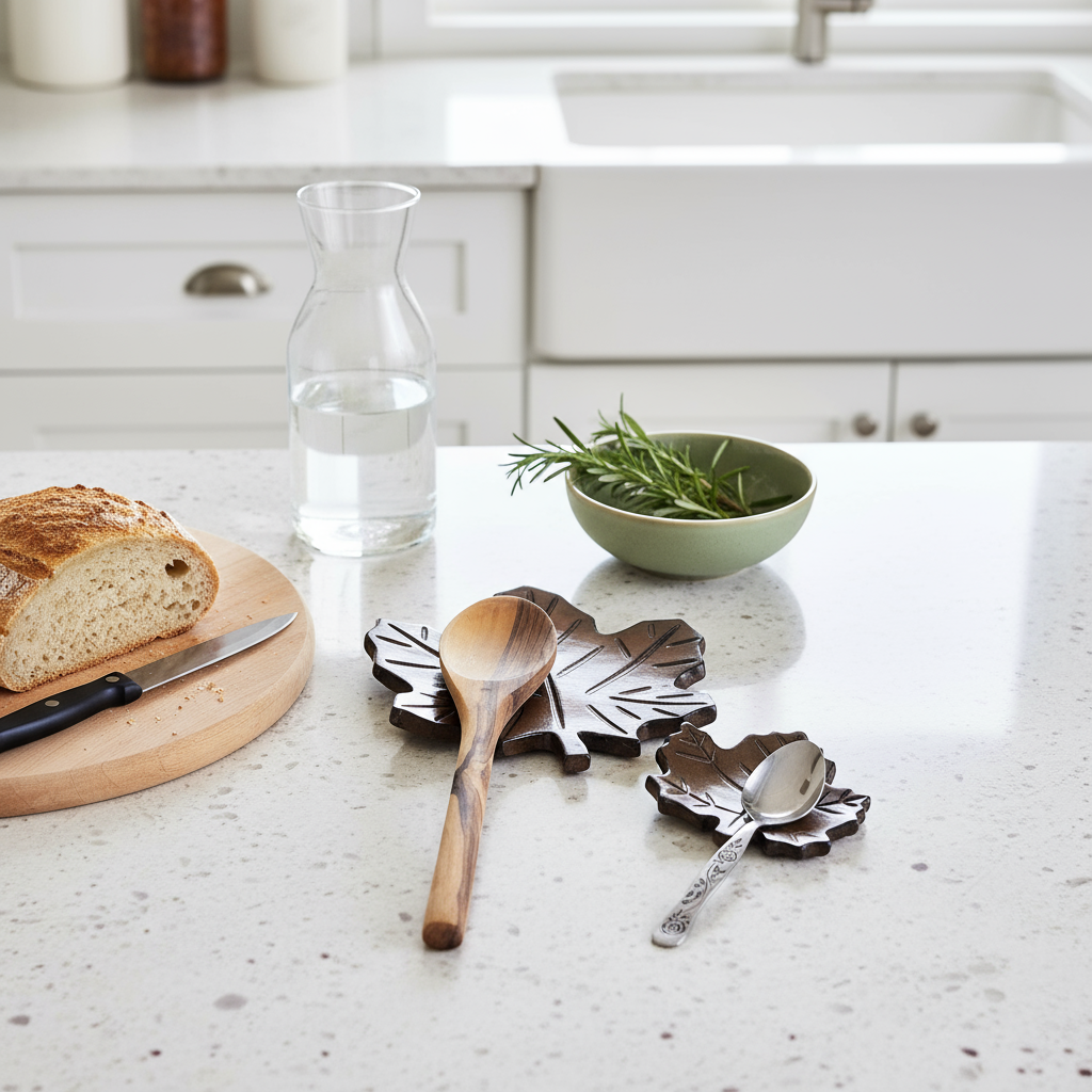 Set of full and mini rust brown maple leaf spoon rests – styled in modern farmhouse kitchen