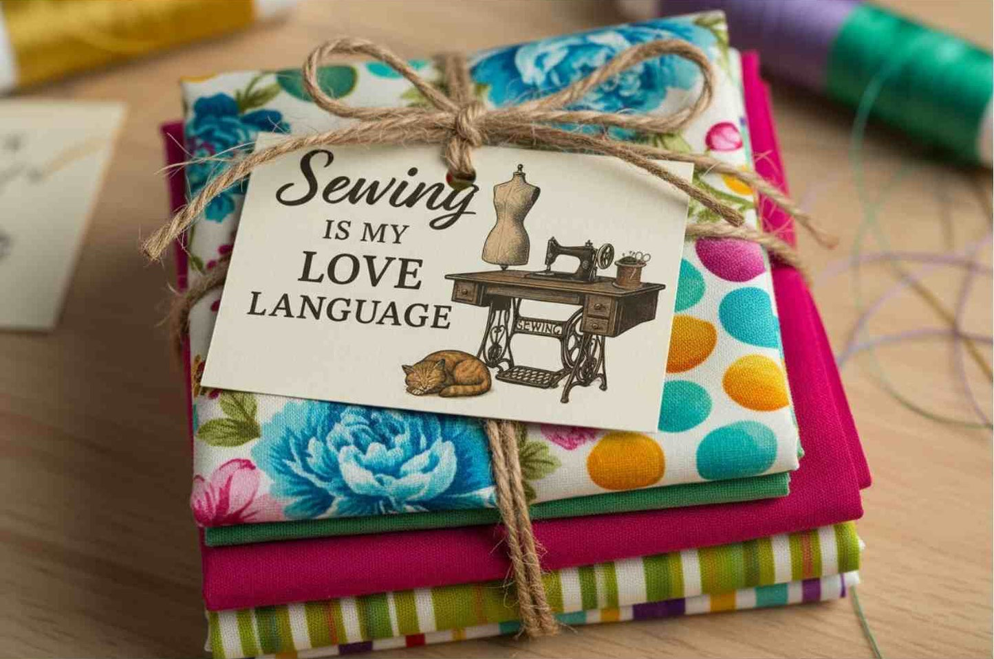 Sewing-themed printable wall art crafted into a gift tag with fat quarters fabric gift. Prints include quotes like “It’s Not Hoarding If It’s Fabric,” “May Your Bobbin Always Be Full,” “Measure Twice Cut Once,” and “Sewing Is My Love Language,” styled in warm tones with vintage illustrations.