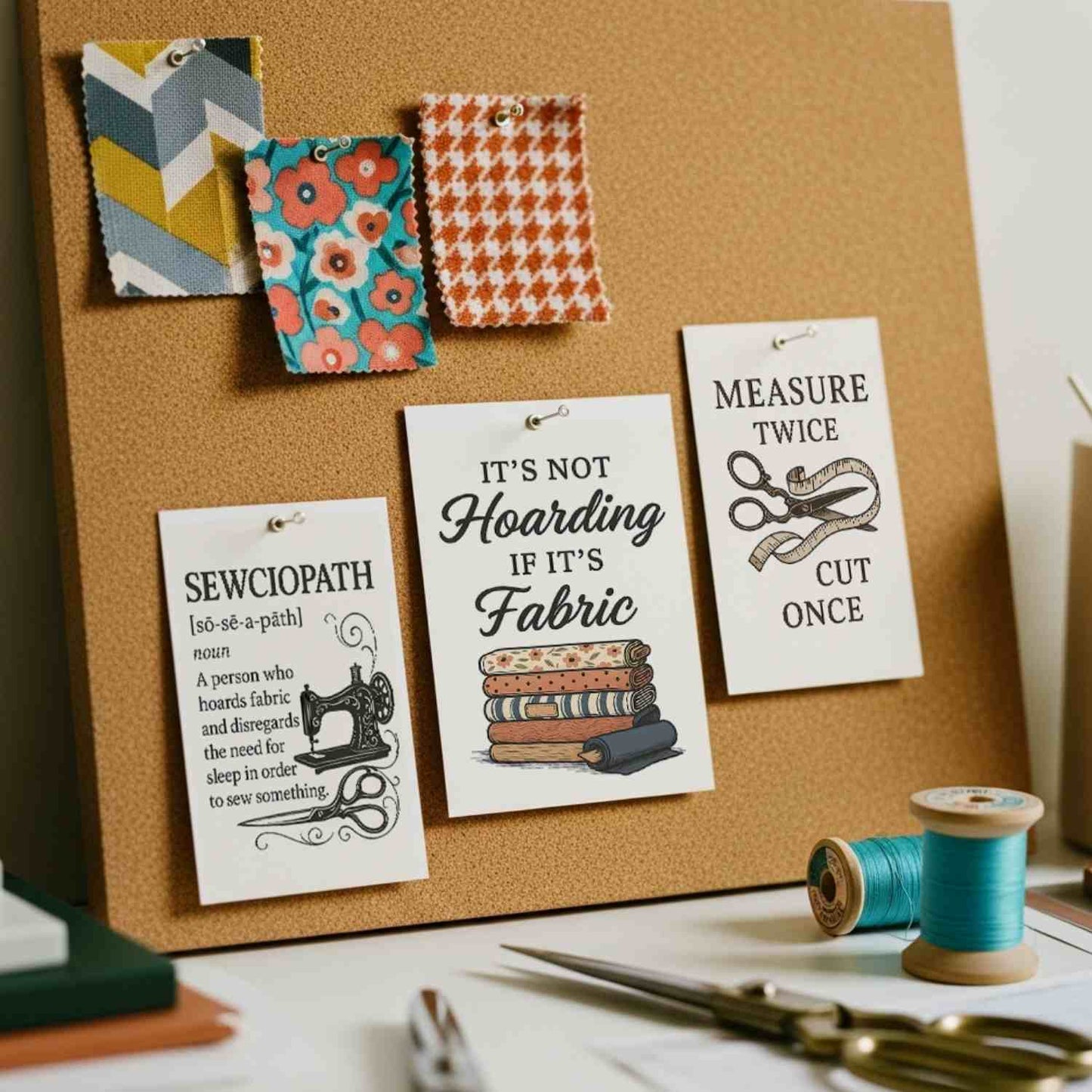 Sewing-themed printable wall art printed and hung on a cork board. Prints include quotes like “It’s Not Hoarding If It’s Fabric,” “May Your Bobbin Always Be Full,” “Measure Twice Cut Once,” and “Sewing Is My Love Language,” styled in warm tones with vintage illustrations.