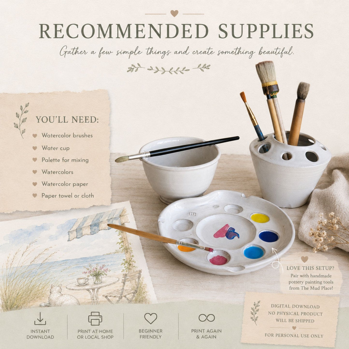 Recommended watercolor painting supplies including brushes, palette, watercolor paper, and printable sketch pages