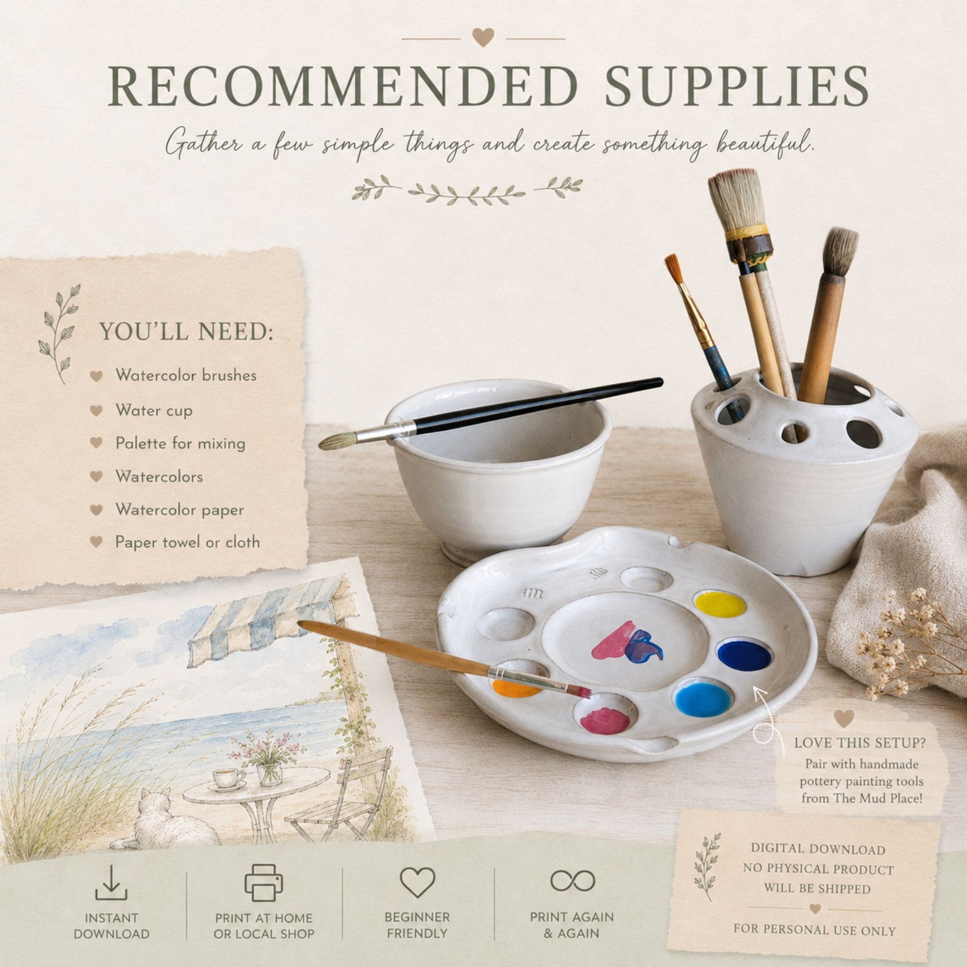 Recommended watercolor painting supplies including brushes, palette, watercolor paper, and printable sketch pages