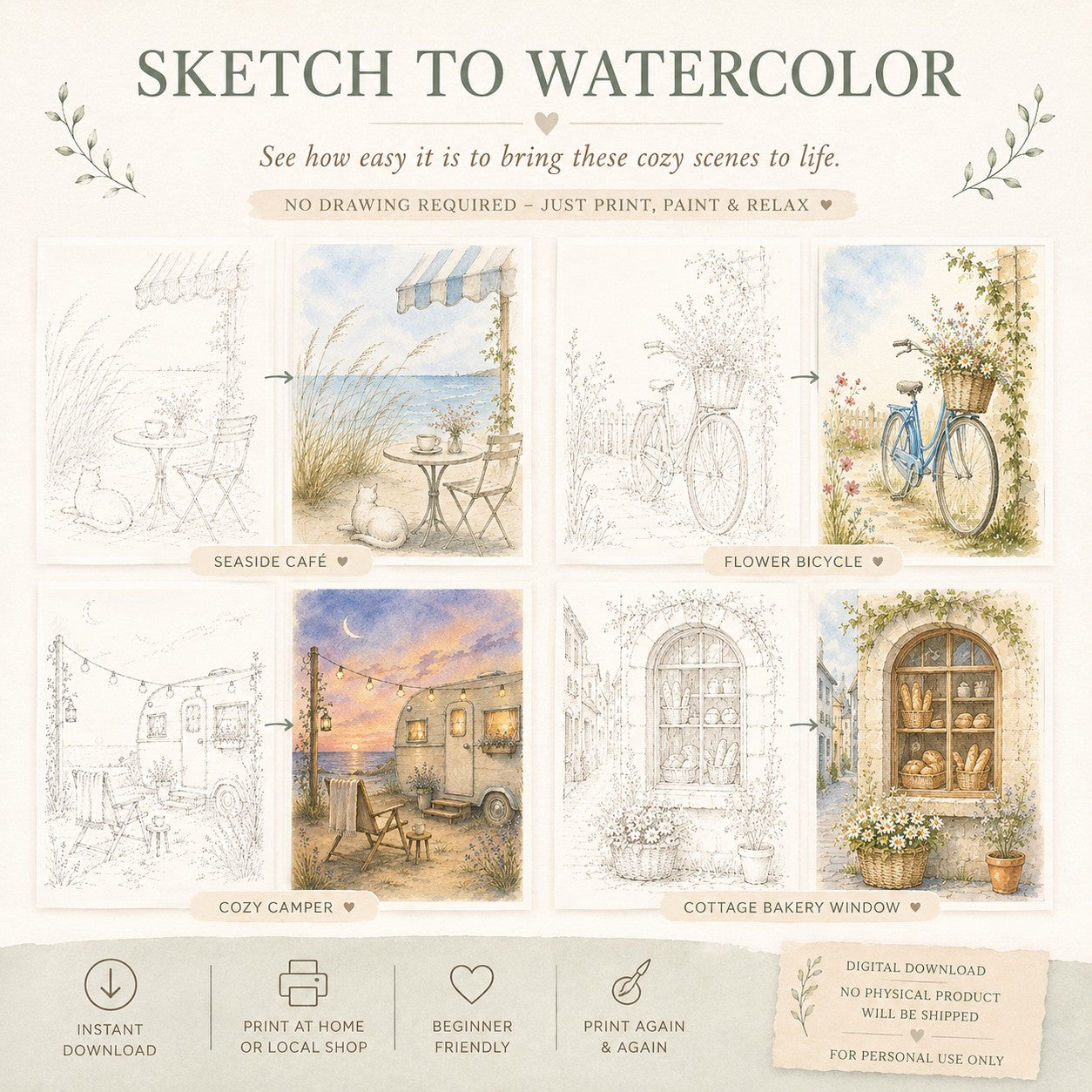 Before and after watercolor painting examples showing printable sketches transformed into finished watercolor art