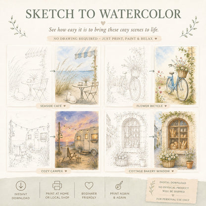 Before and after watercolor painting examples showing printable sketches transformed into finished watercolor art