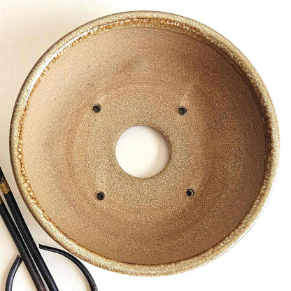 Interior of a 6.75-inch shohin bonsai pot with one drainage hole and four tie-down holes for repotting.