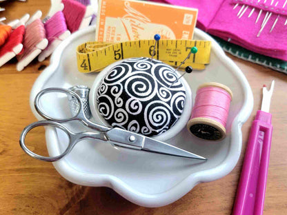 Flower Shaped Pincushion and Sewing Notions Holder in Black White Swirl