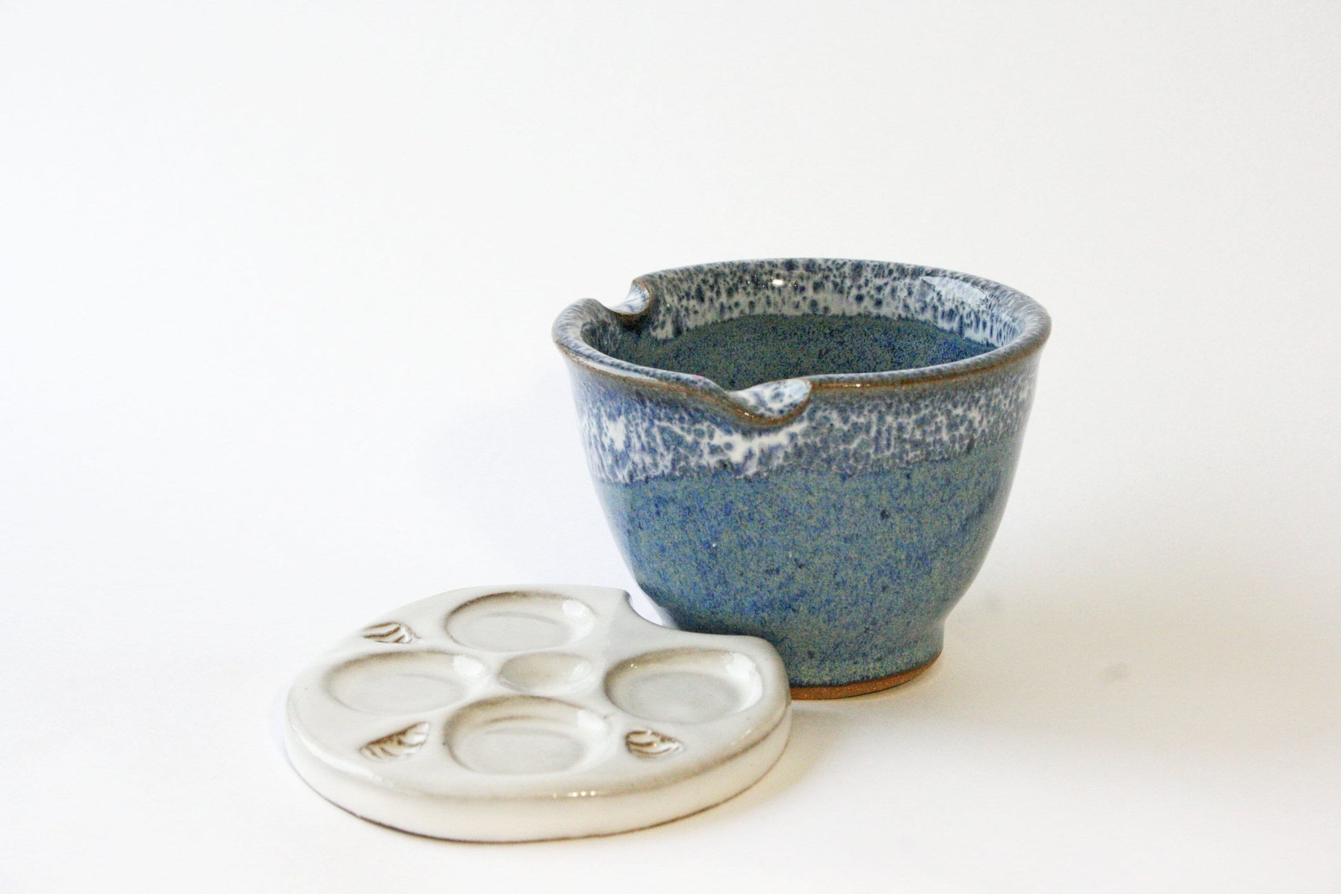 Ceramic Handmade paint palette and watercolor rinse bowl set with brush rest in rim of bowl