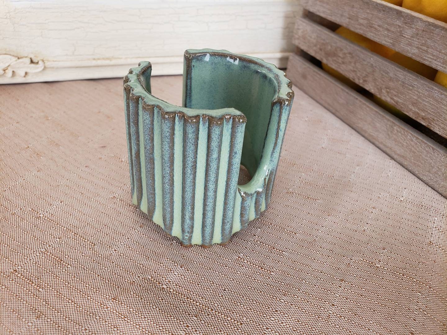 Kitchen Counter Sponge Holder w Textured Stripes - Bottomless Ceramic Countertop Decor - Handmade Pottery Green