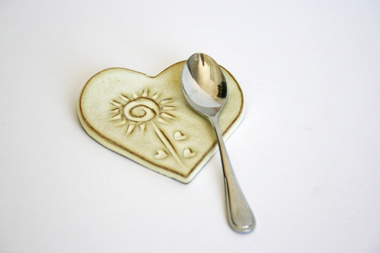 Heart Shaped Spoon Rest for Coffee Bar - Mini Ceramic Teaspoon Holder - Farmhouse Off White Butter Cream