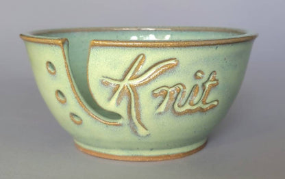 Large KNIT Yarn Bowl with Needle Holes - Hand Made Pottery - Fits Whole Skein Green
