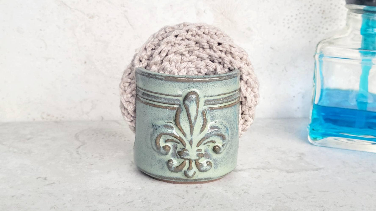 Fleur De Lis Sponge Holder Handmade Ceramic Pottery Stripes Green Glaze