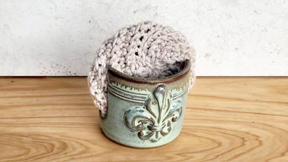 Fleur De Lis Sponge Holder Handmade Ceramic Pottery Stripes Green Bronze Glaze